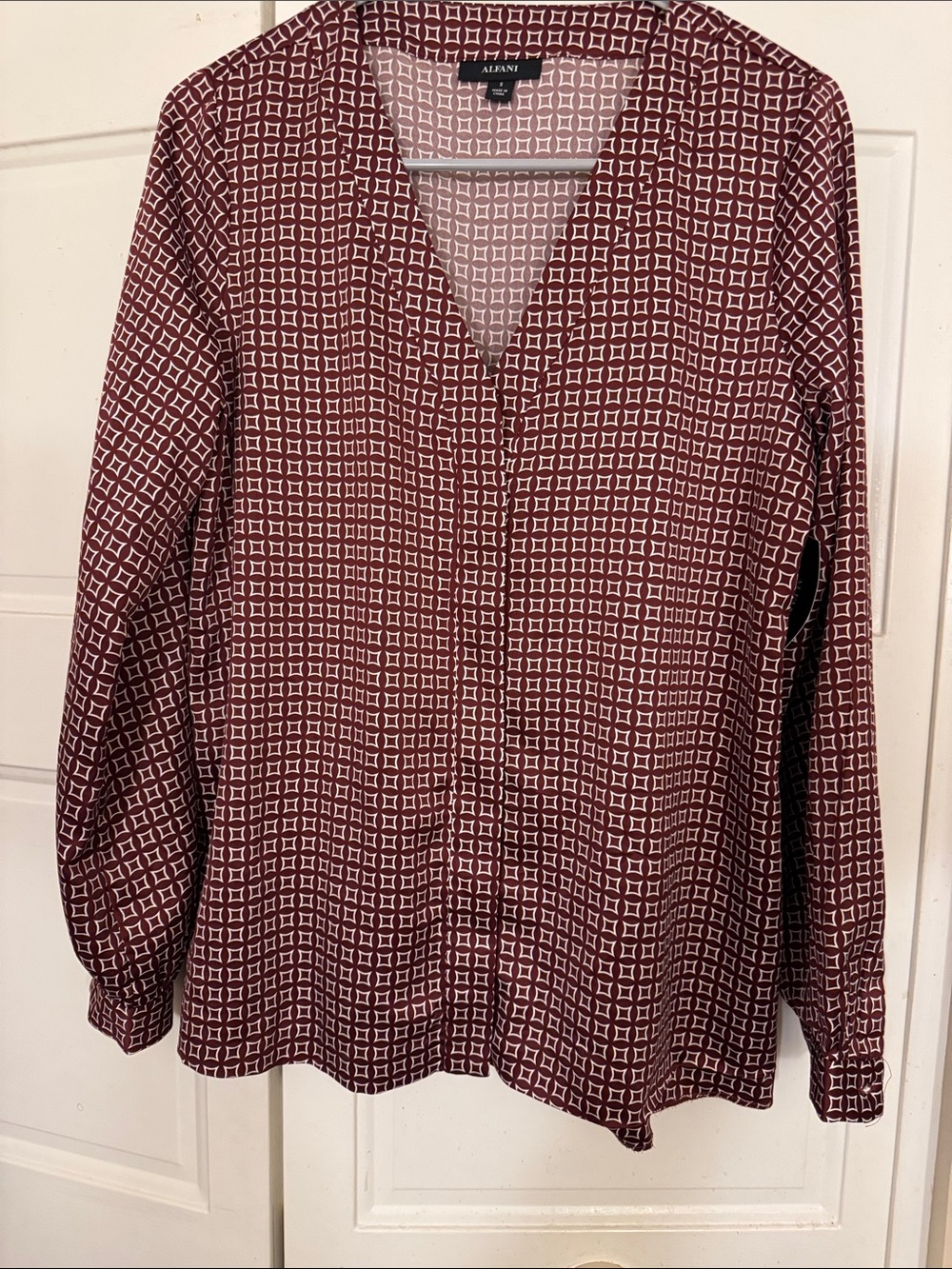 Alfani Burgundy and White Geometric Long-Sleeve V-Neck Blouse